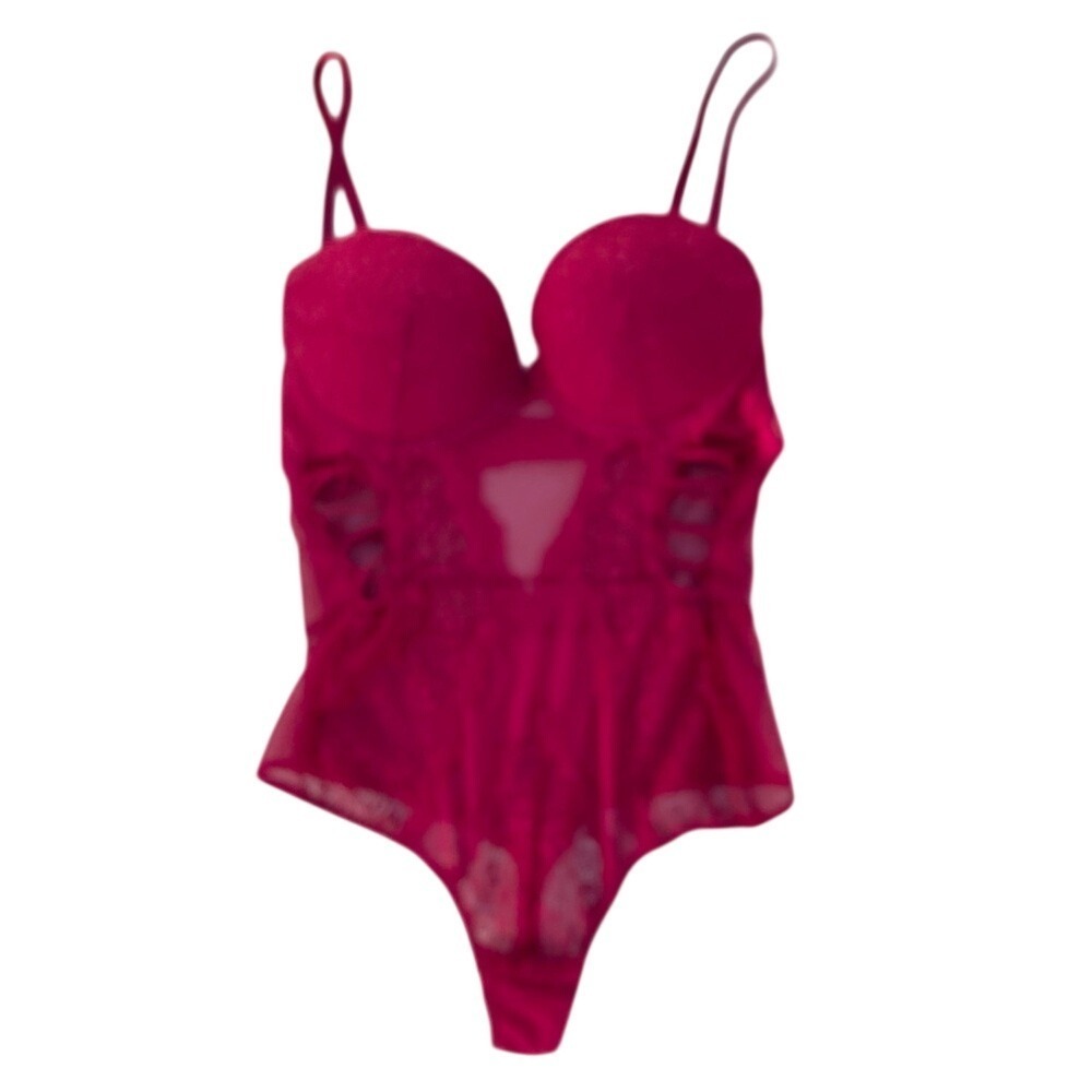 BodyRage Lace Mesh Cutout Bodysuit Lingerie, Womens Small Red